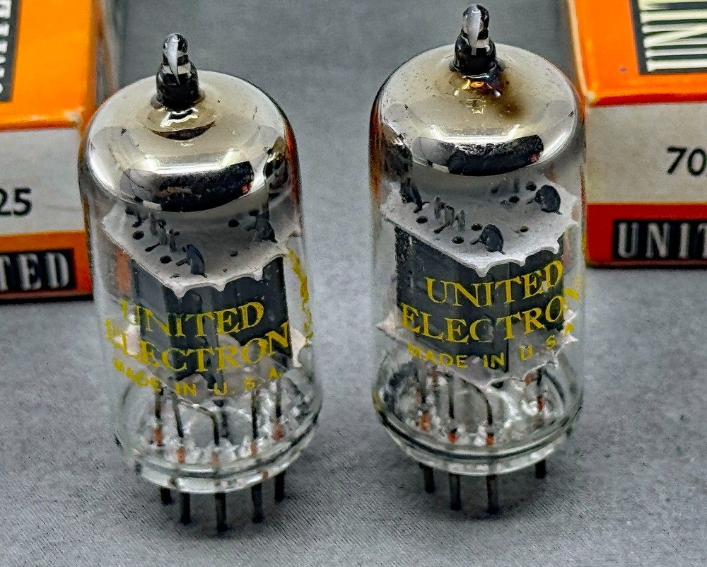 NOS Pair United Electronics 7025 12AX7A Tubes Short Gray Plates Tests NOS
