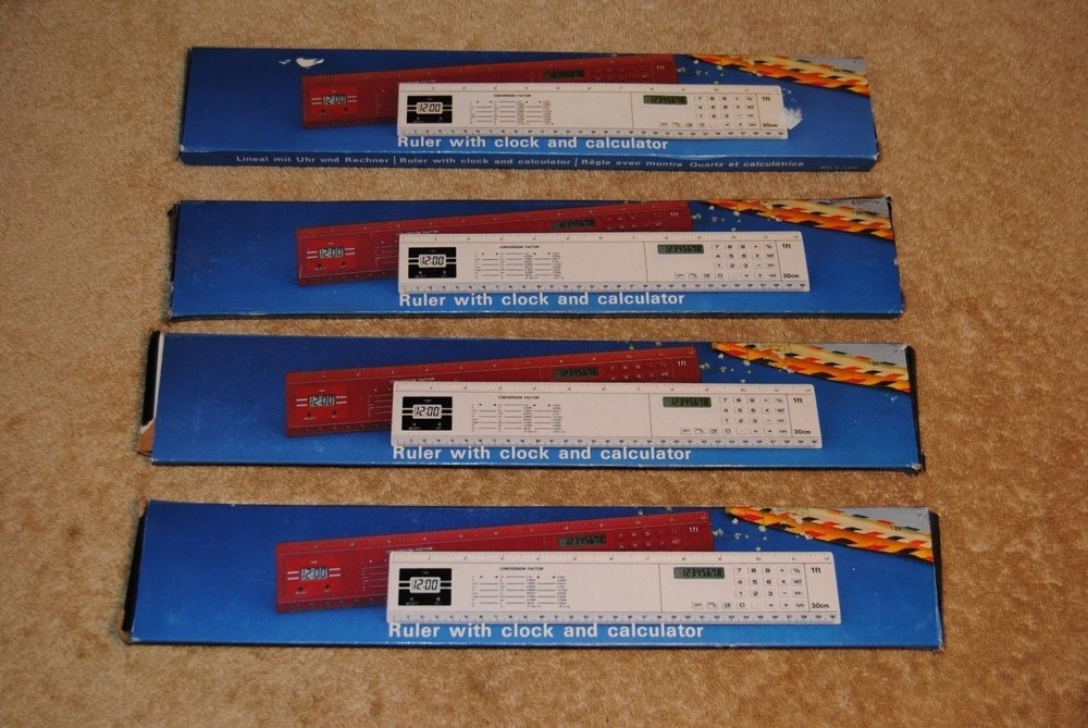 4 Vintage Rulers with Calculator & Clock Made in Taiwan Product Guild Promo