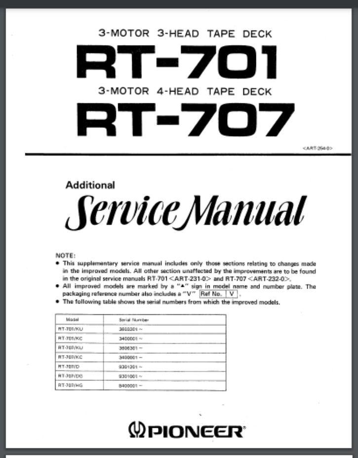 Pioneer RT-701 707 service Manual covers 7 different models 90 pages