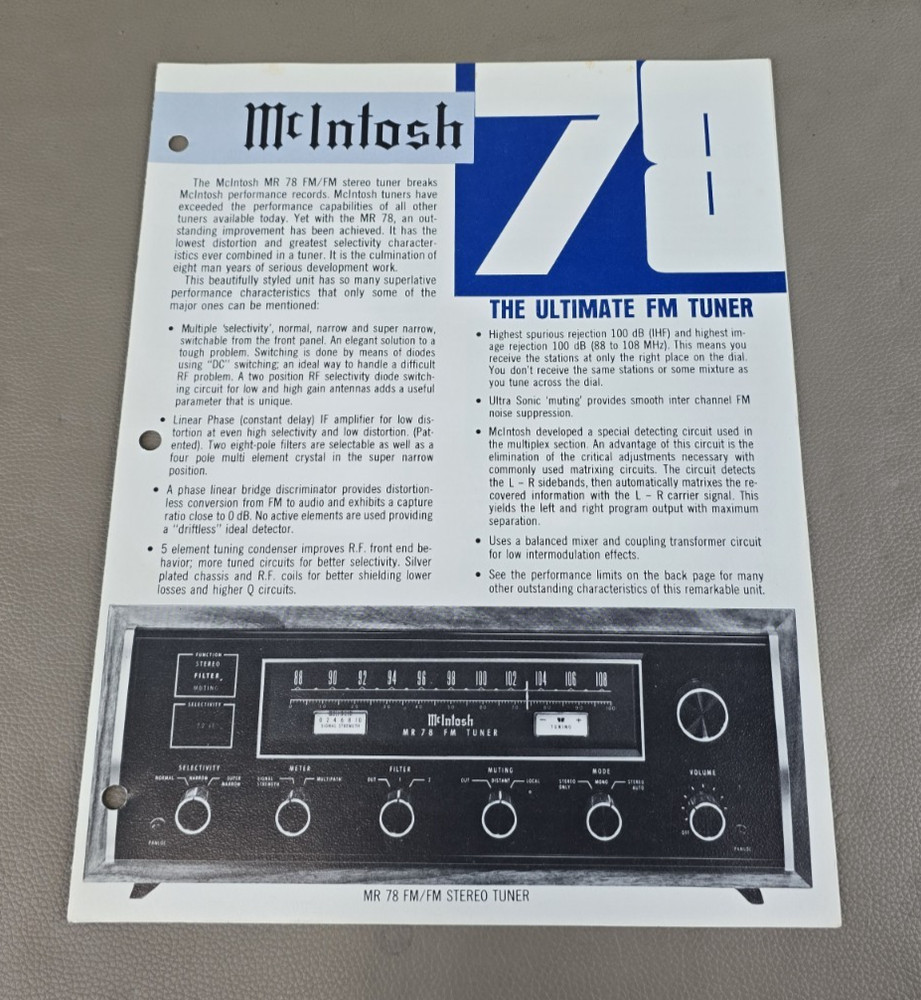 McIntosh MR 78 Stereo Tuner Brochure D-2180