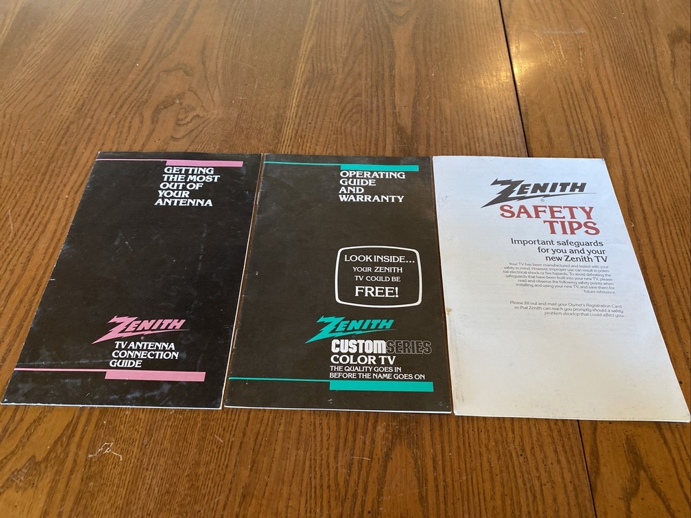 1980’s Zenith Custom Series Color TV Operating Guide Antenna Connection Safety