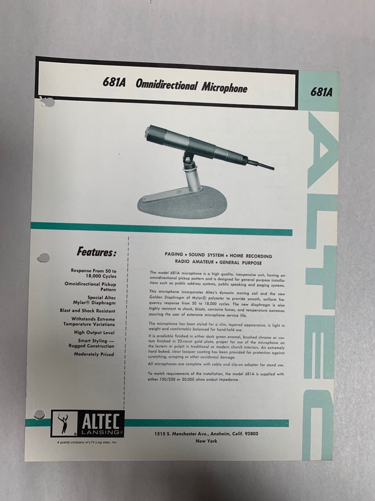 Original Vtg Altec Model 681A Omnidirectional Microphone Spec Sheet (A3)