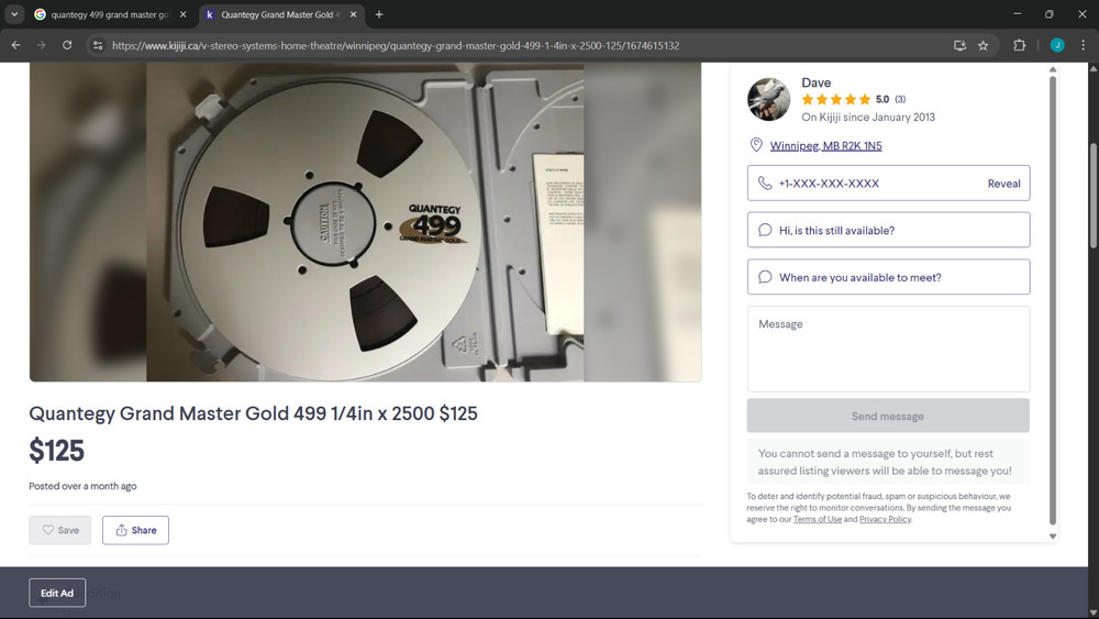Quantegy 499 Grand Master Gold for Tascam br 20 3030 32-2 reel to reel.