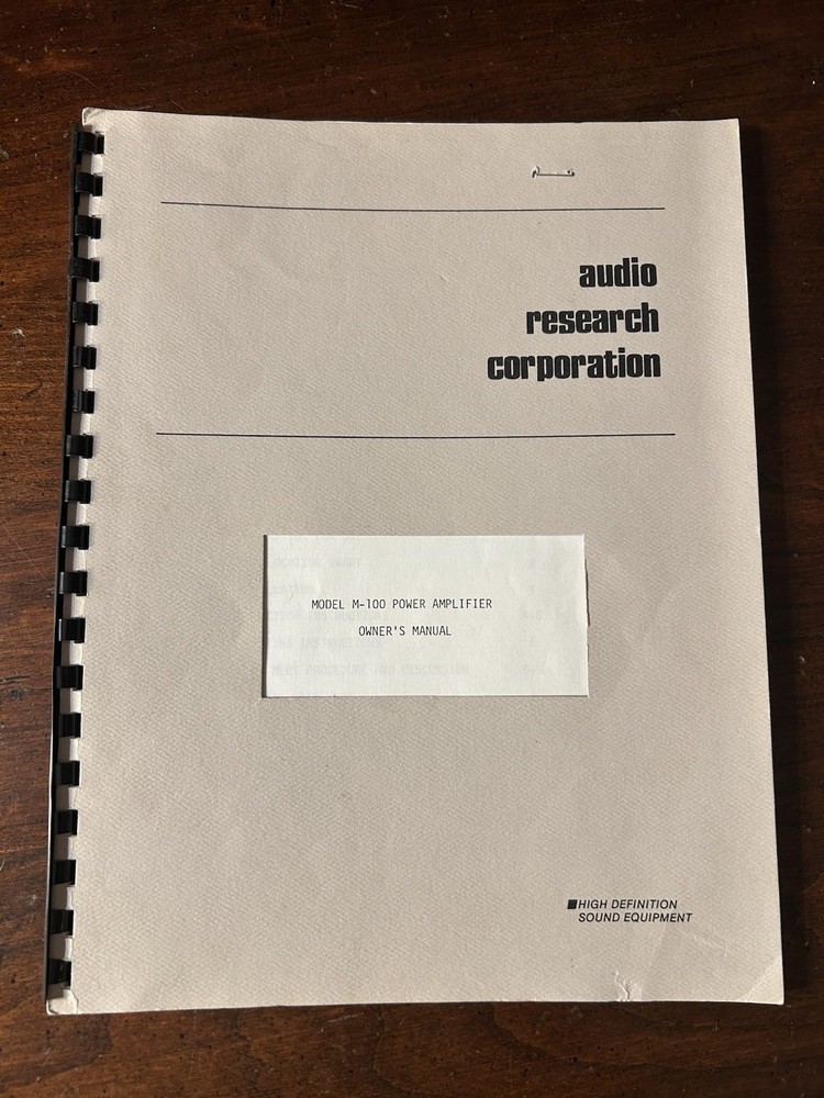 Audio Research Model M-100 Power Amplifier Owner’s Manual Original OEM
