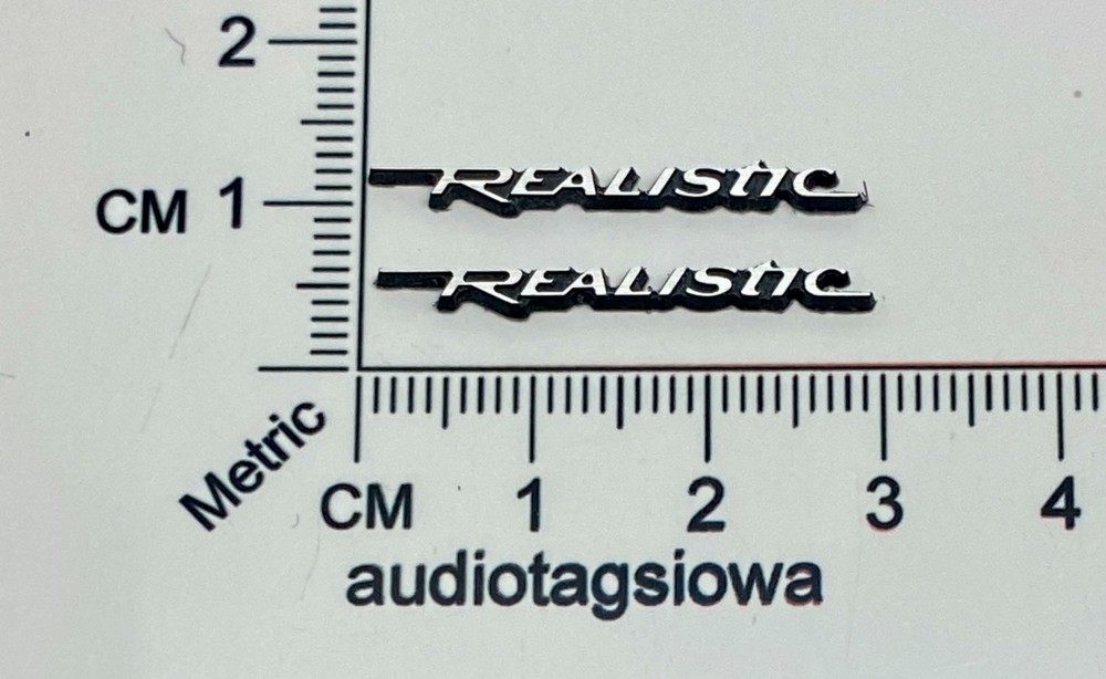 Realistic Minimus 7w Speaker Badge Silver Custom Incised Laminated Acrylic PAIR