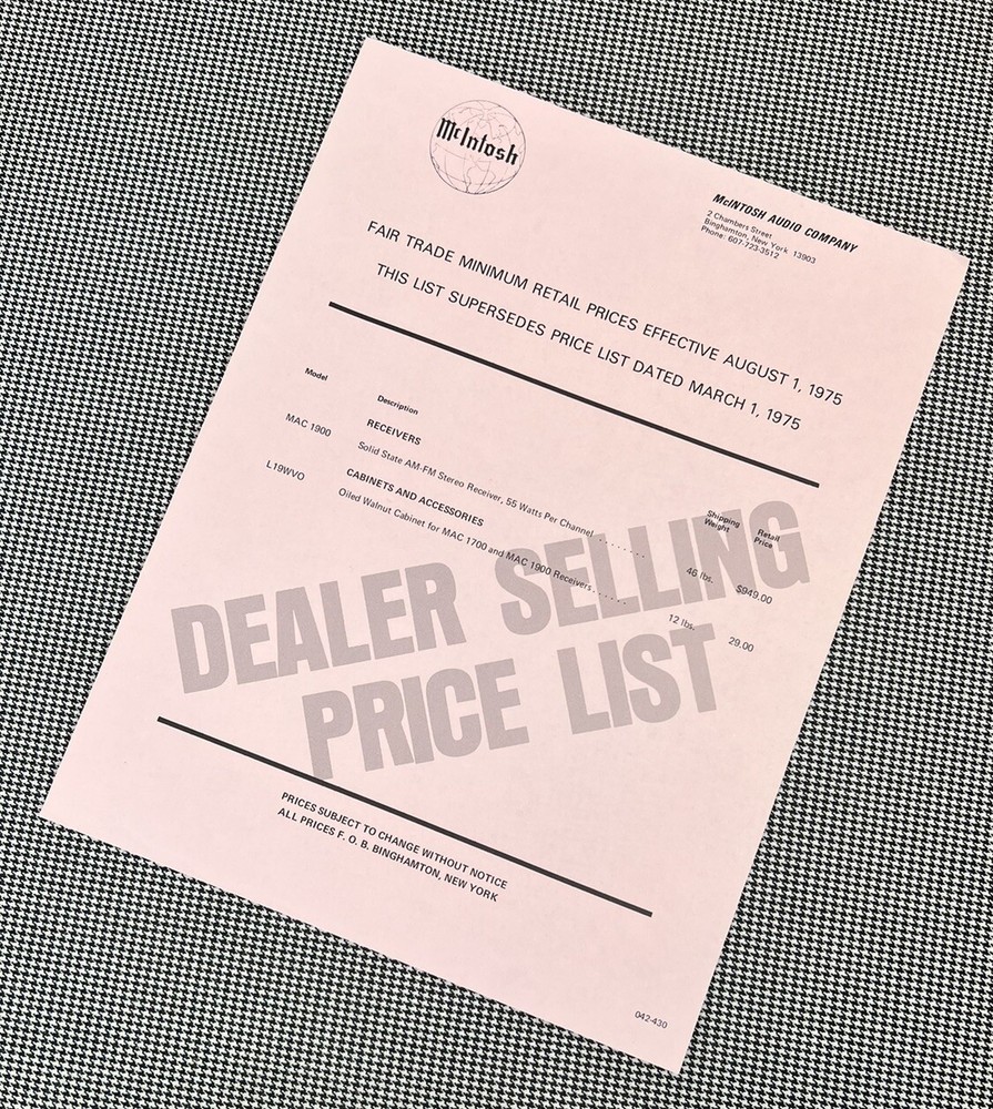MCINTOSH MAC 1900 RECEIVER & ACCESSORIES DEALER SELLING PRICE LIST 1975 – J01048