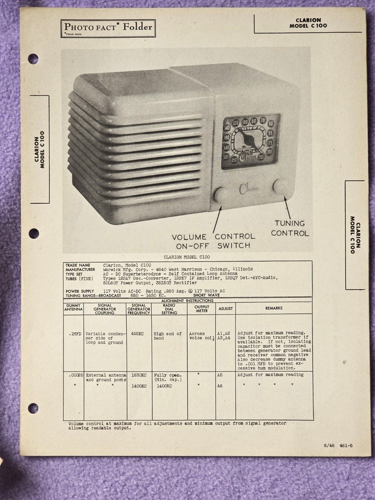 Clarion model C100 VTG Howard Sams 1946 Radio Photofact Folder 461-5