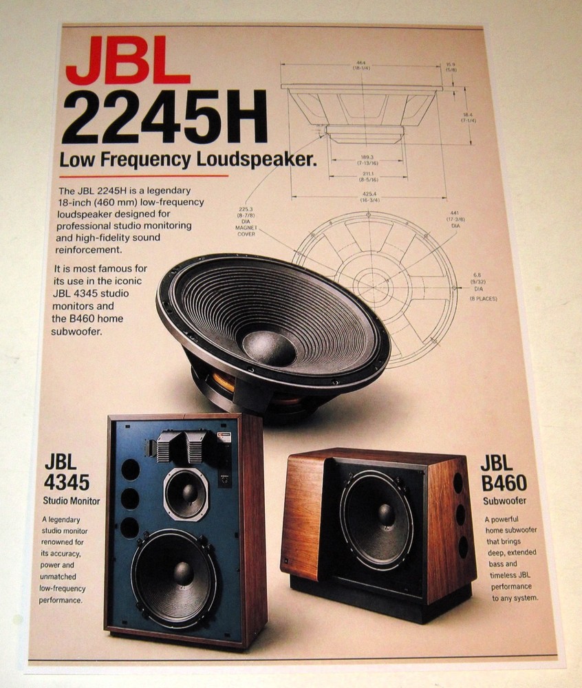 JBL 2245H /B460 Subwoofer/Studio Poster 19″ x 13″ Audiophile Vintage Horns ’81