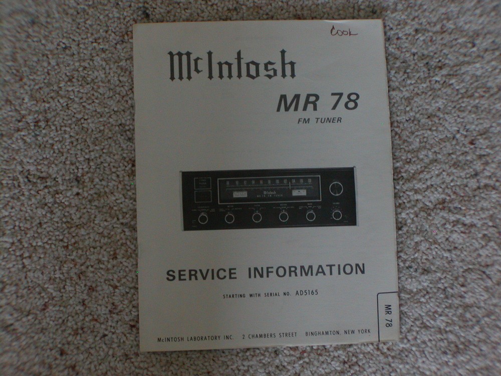 Vintage Original McIntosh MR78 Service Manual. Good Condition.