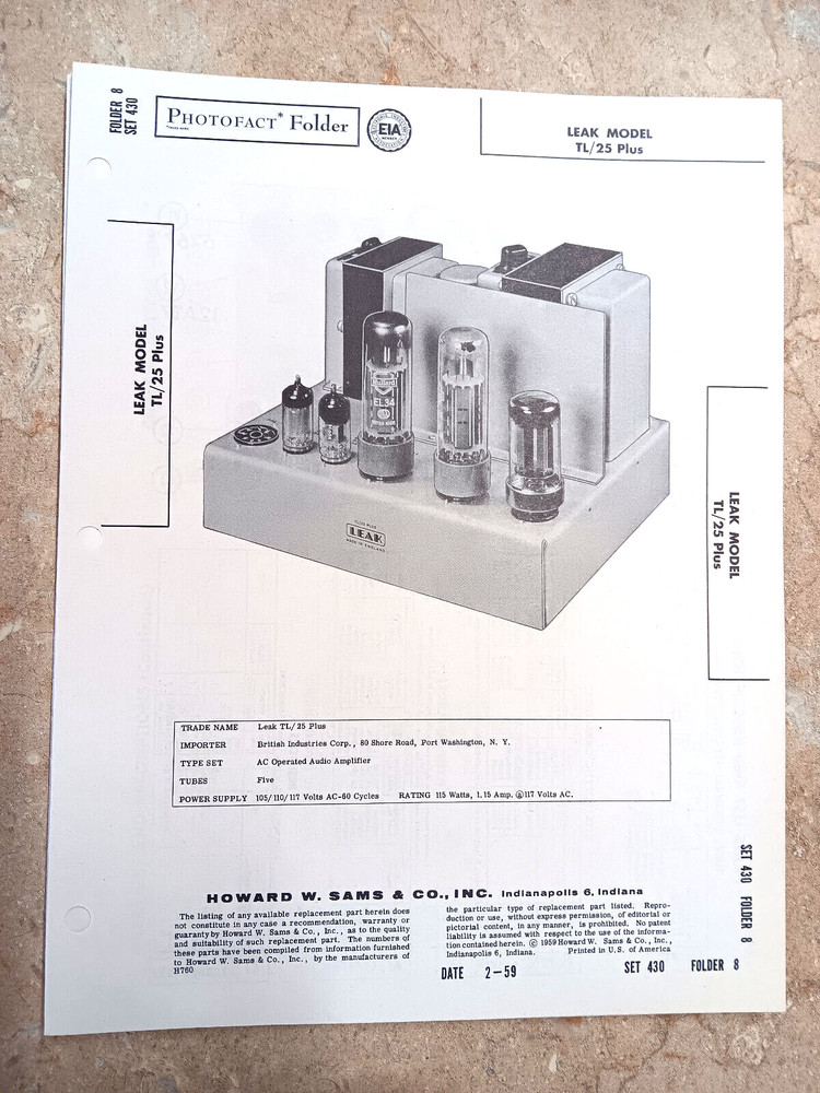 Original SAMS PHOTOFACT 430-8 LEAK TL/25 PLUS – EL34 POWER AMP