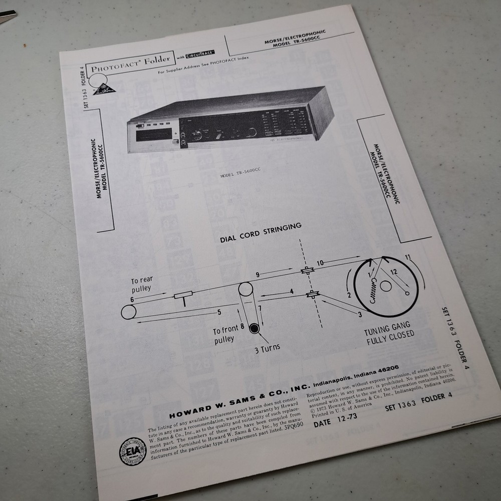 MORSE/ELECTROPHONIC Manual TR-5600CC Stereo Receiver 1973 Illustrated Photofact
