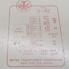 UTC S-42 Plate & Filament Transformer 600-525-0-525-600 V / 5V – 6.3V