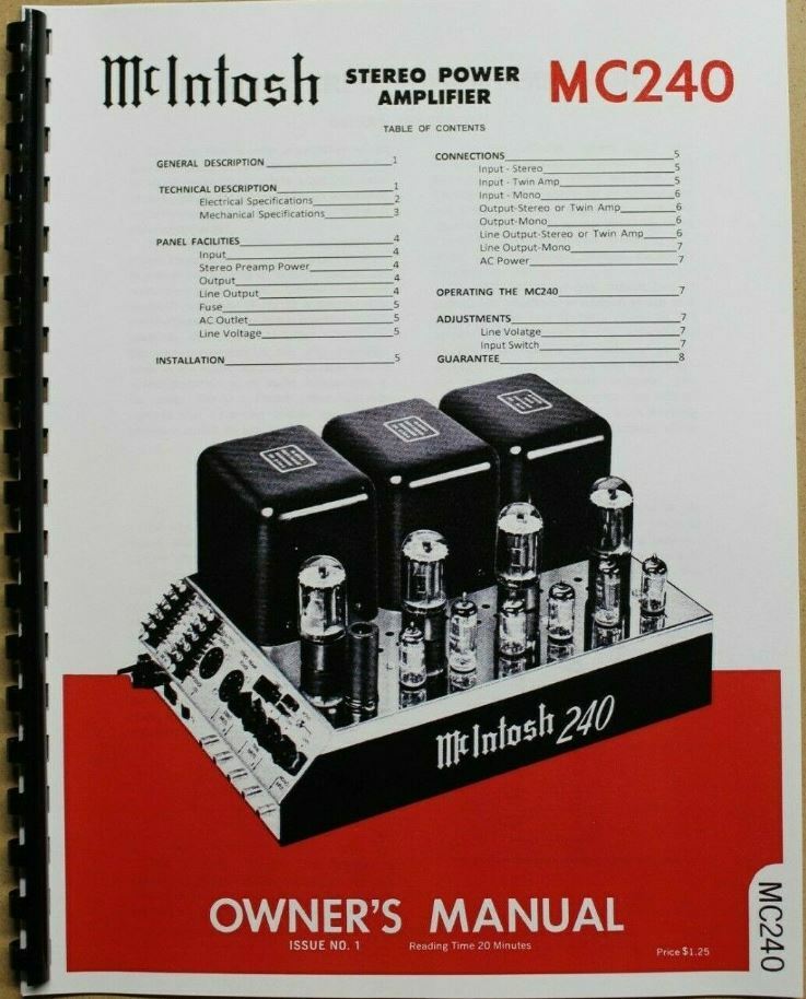 *USA* ULTIMATE MCINTOSH MC240 OWNER’S MANUAL / MAINTENANCE MANUAL