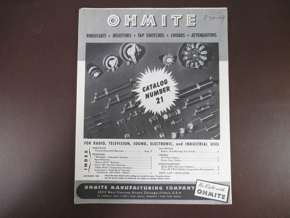 Ohmite Manufacturing Company, Catalog Number 21, November 1948 (O HC)