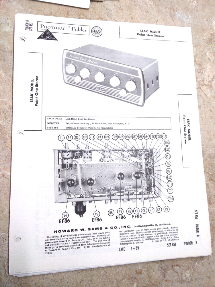 Original SAMS Photofact 457/8 – LEAK POINT ONE – STEREO PRE-AMPLIFIER
