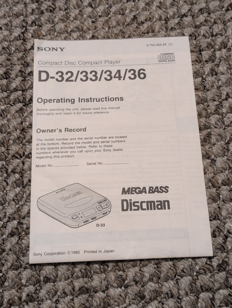 Sony Discman D-32 33 34 36 Mega Bass Owners Manual Paper Vintage 1992 Music CD