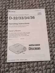Sony Discman D-32 33 34 36 Mega Bass Owners Manual Paper Vintage 1992 Music CD