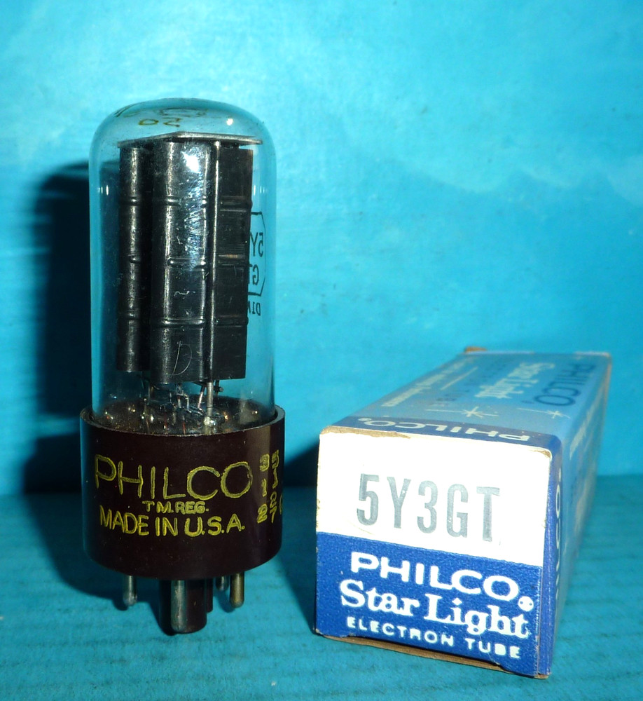 Philco 5Y3GT Rectifier Tube Brown Base Black Plates D Getter NOS/NIB Tested