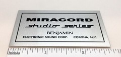 Miracord Studio Series Turntable Custom Identification Plate Aluminum Free Ship