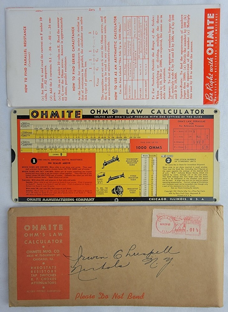 Rare Vintage “Ohmite” OHM’s Law Calculator Instructions & Original Envelope 1945