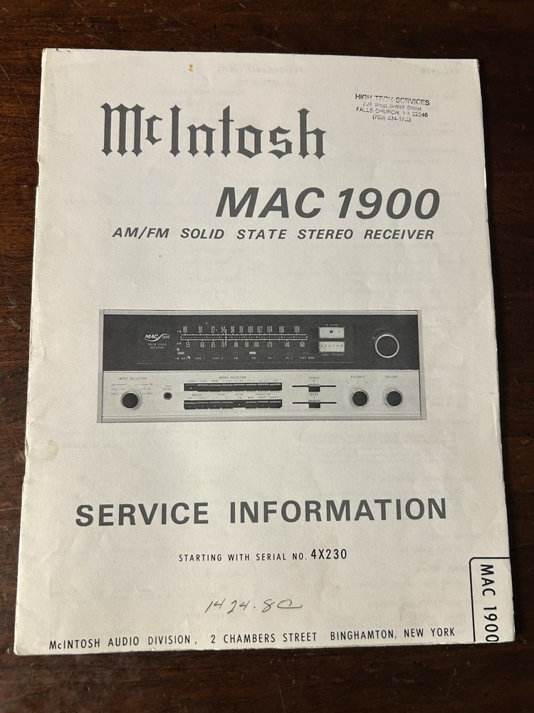 McIntosh MAC1900 AM/FM Stereo Receiver Service Information 4X230+ Vintage OEM