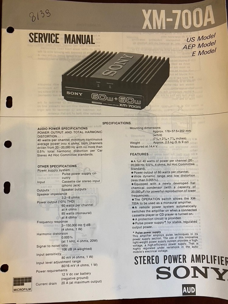 SONY XM-700A XM700A POWER AMP Service Manual FROM THE USA **ORIGINAL** 813B 5539