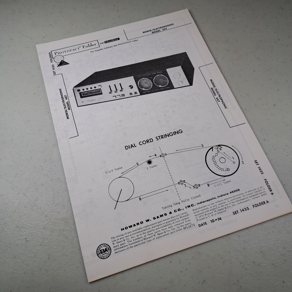 MORSE/ELECTRONIC MODEL 447 Manual 1974 Photofact Folder Illustrated Repair Guide
