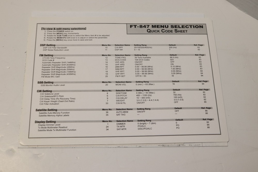 QTY 3 – YAESU – FT-847 – QUICK CODE SHEET / PULL OUTS FOR CONNECTION AND BLOCK