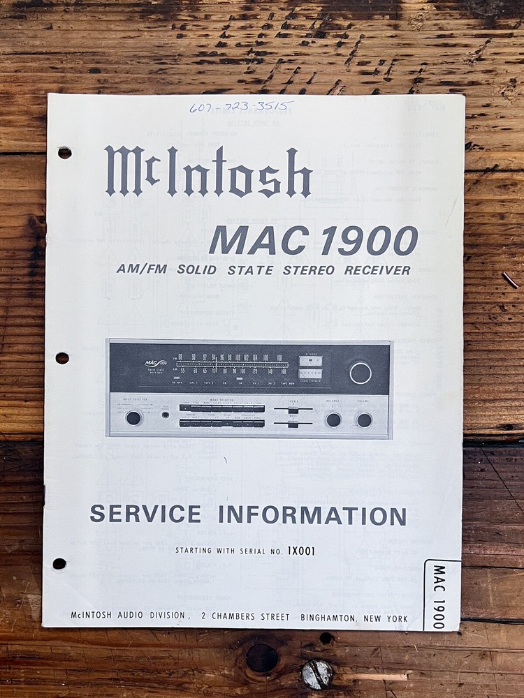 McIntosh MAC 1900 / MAC 1900 Receiver Service Manual *Original*