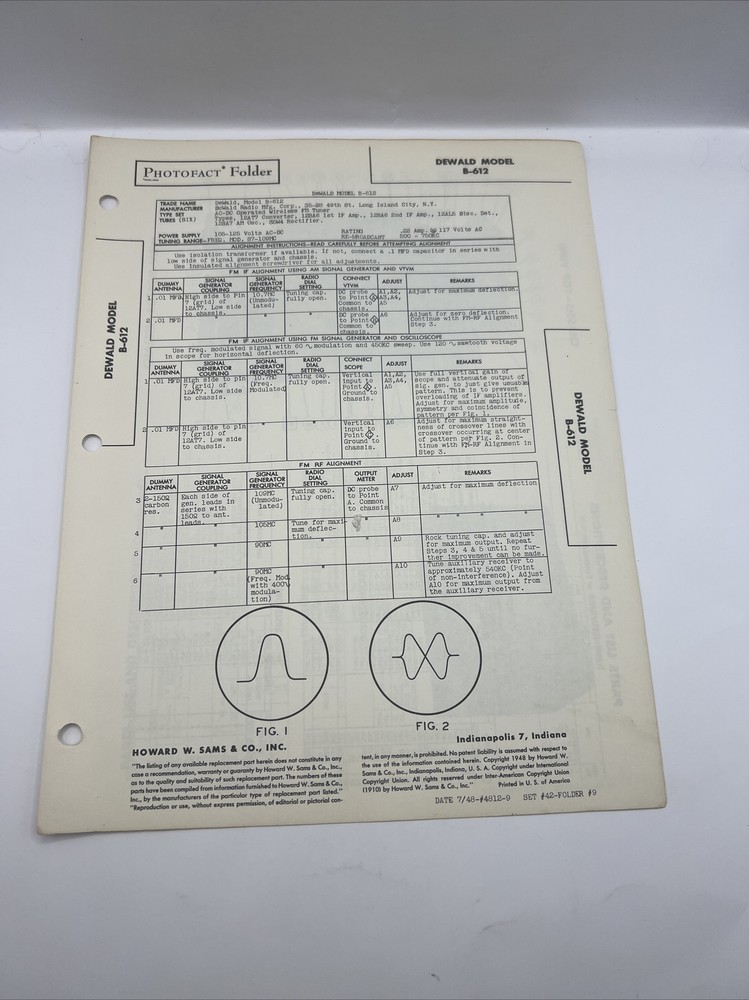 Vintage 1948 SAMS PHOTOFACT Manual Schematic Dewald B-612 Tube FM Tuner