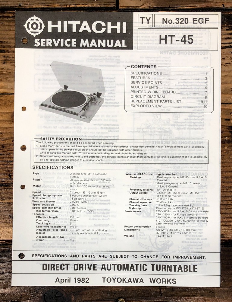 Hitachi HT-45 Record Player / Turntable Service Manual *Original*