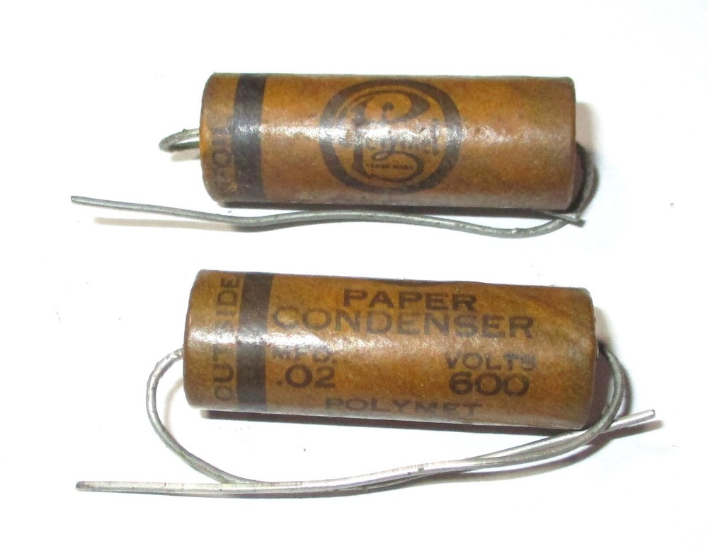 2 Polymet 0.02 UF 600 Volt Paper Condenser Capacitors NOS