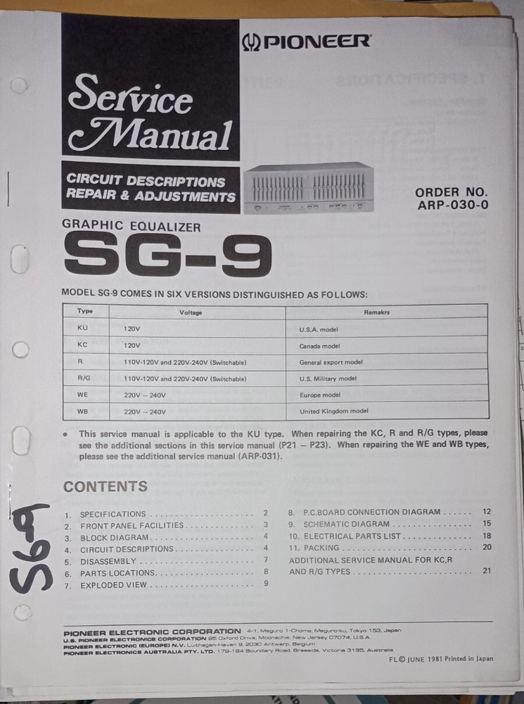 Pioneer SG-9 SG-9 KC R R/G Service Manual Graphic Equalizer Original