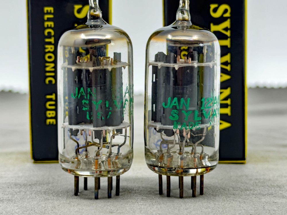 (2) Sylvania JAN-12AX7WA Mil Spec Tubes Gray Plate O Getters Tests Strong TV-7BU
