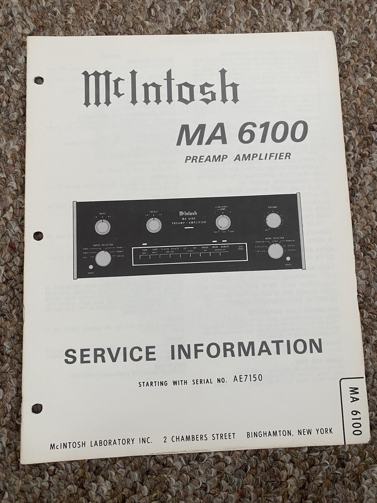 Vintage Mcintosh MA6100 Integrated Amplifier Service Manual Information Original