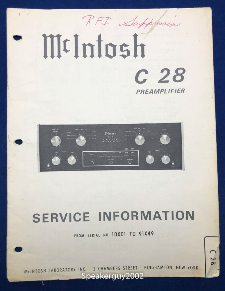 Original McIntosh C28 / Preamplifier Service Information Manual #1