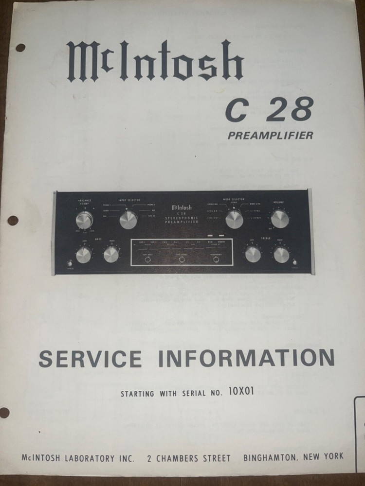 McIntosh C-28 C28 C 28 Service Manual S/N 10X01 Pre-Amplifier Original