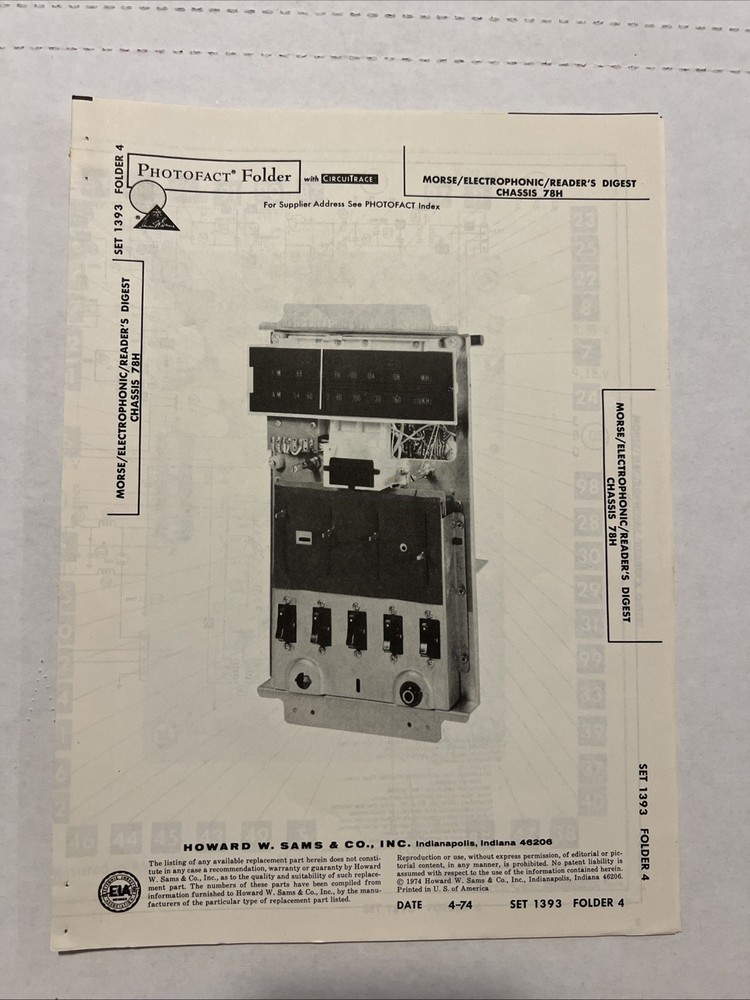 Vintage Sams Photofact Schematic 4-1974 MORSE /ELECTROPHONIC/READERS’S DIGEST