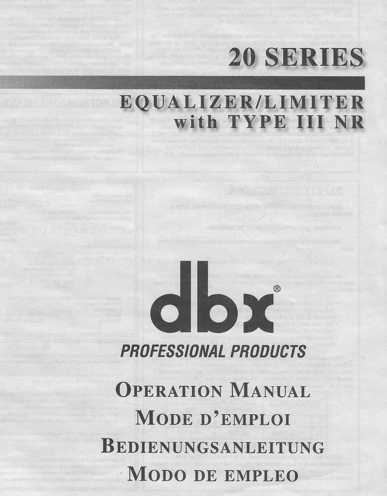 dbx Professional products Owner’s Manual 20 Series Equalizer/Limiter W/Type III