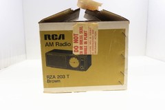 Vintage RCA RZA 203 T AM Radio NEW IN BOX Brown TESTED Burl Woodgrain Employee