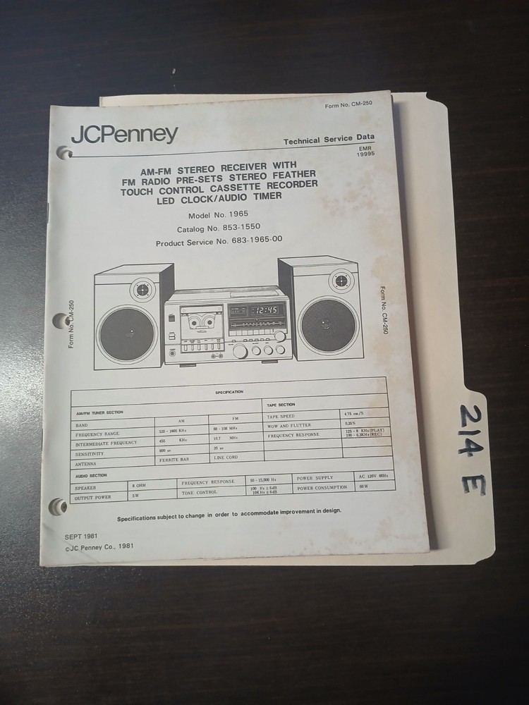 JC Penney 1965 Service Manual Original Repair Book Stereo Tape Led Clock