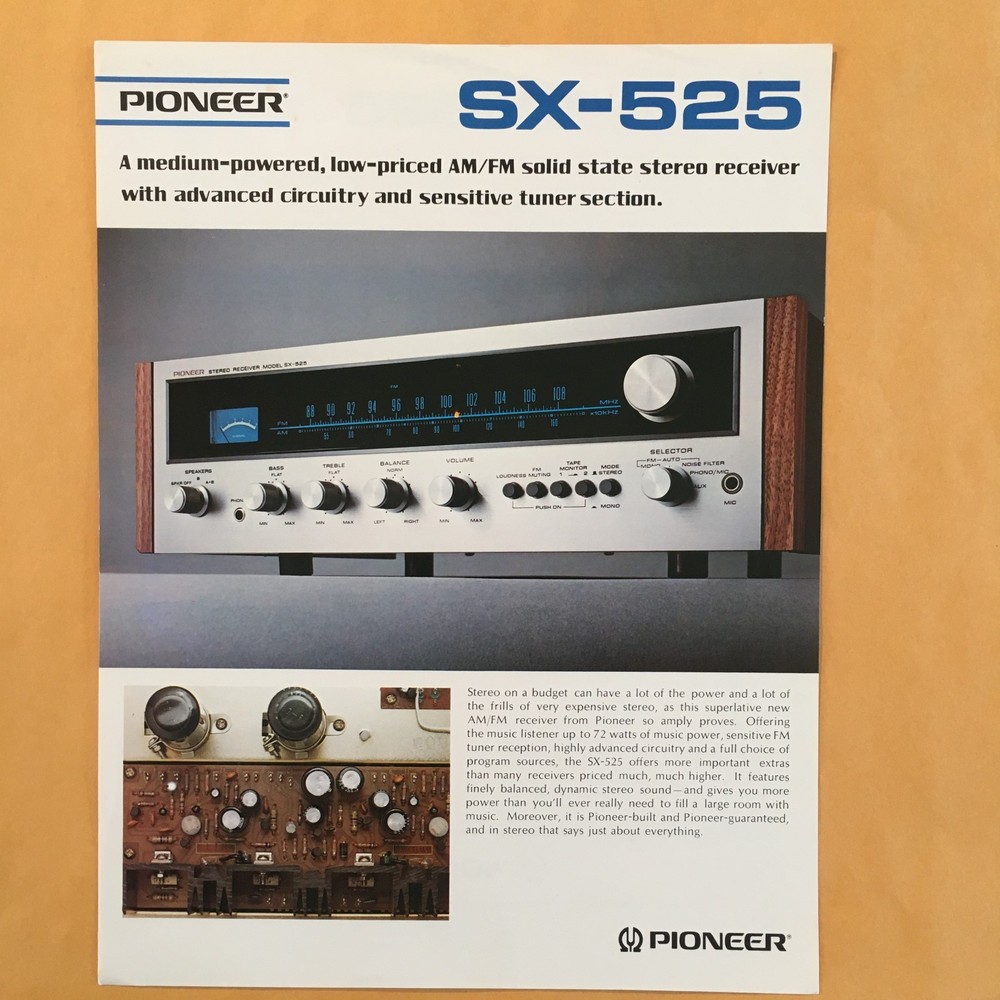 Original Pioneer SX-525 Stereo Receiver Sales Brochure – NOS and Uncirculated