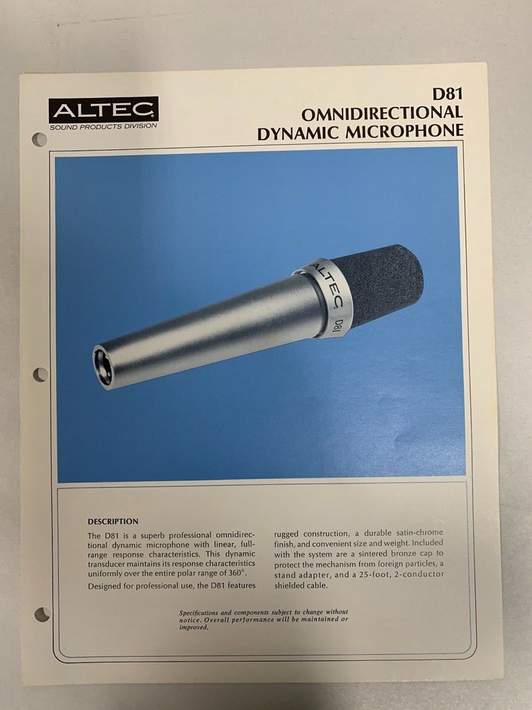 Original Vtg Altec D81 Omnidirectional Dynamic Microphone Spec Sheet (A3)