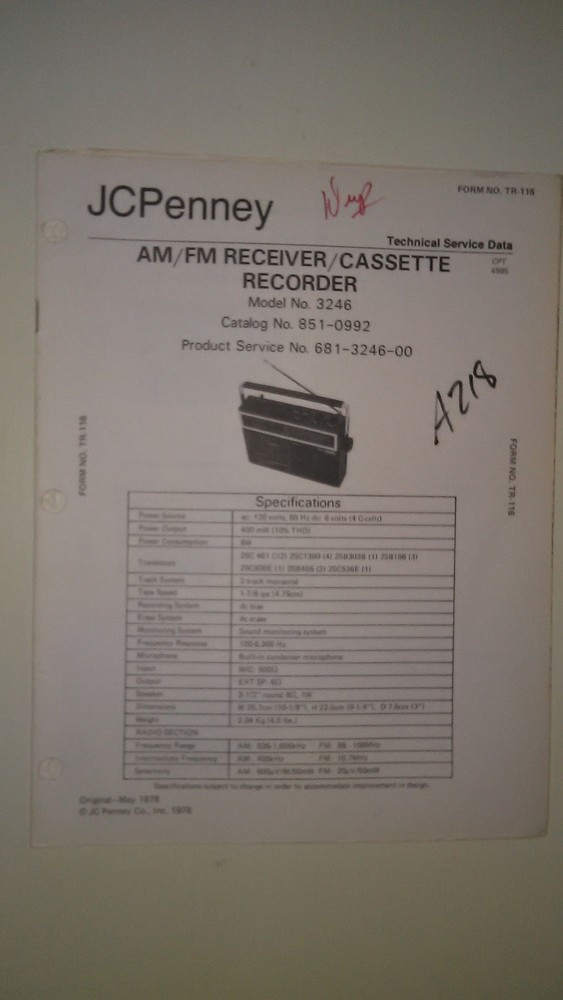 JC Penney 3246 service manual original repair book tuner radio tape player