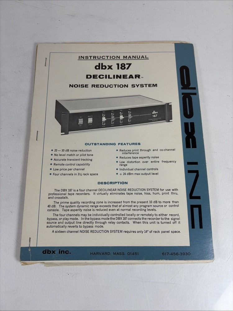 Original DBX 187 Decilinear Noise Reduction System Instruction Manual Vintage
