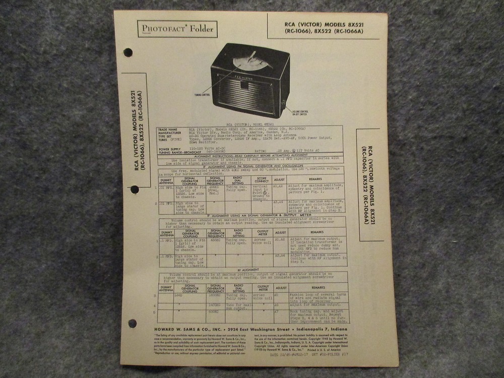 Sams Photofact Folder #17 Set # 52 RCA Victor Model 8X521 8X522 RC-1066(A) Radio