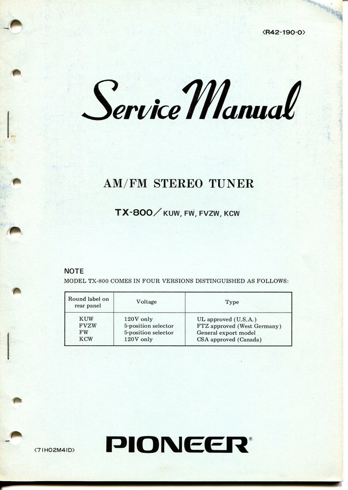 Vintage Pioneer Model TX-800 AM-FM Stereo Tuner Service Manual