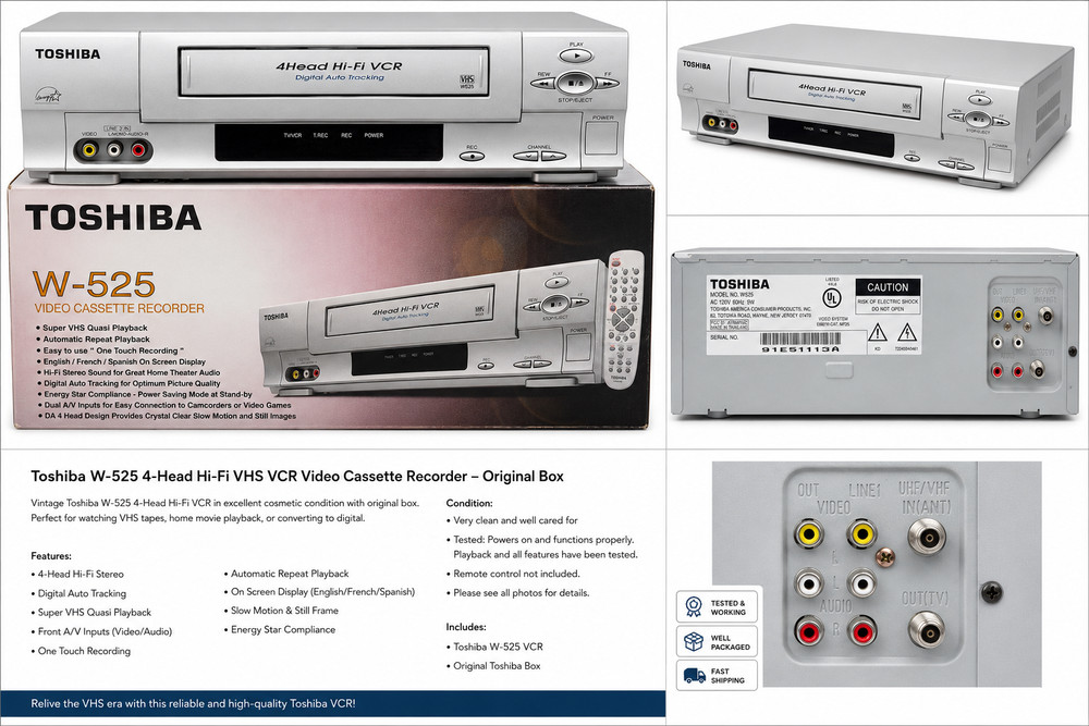 Toshiba W-525 4-Head Hi-Fi VHS VCR Video Cassette Recorder w/ Original Box
