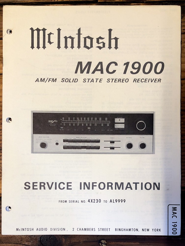 McIntosh MAC 1900 Receiver Service Manual *Original*