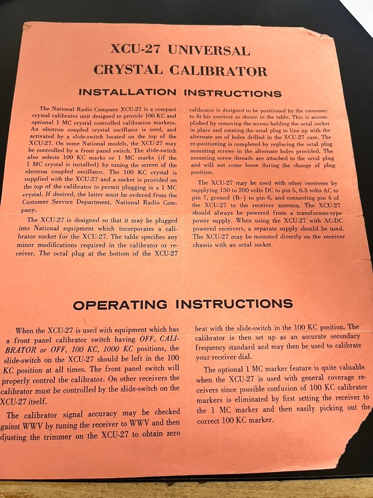 XCU-27 Universal Crystal Calibrator 1 page Manual